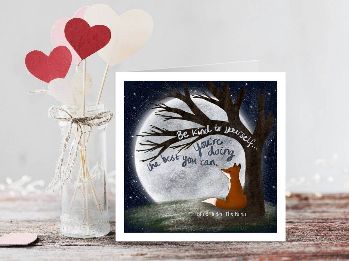 "Be Kind to Yourself" Encouragement Card featuring a fox under the moon, perfect for uplifting messages.