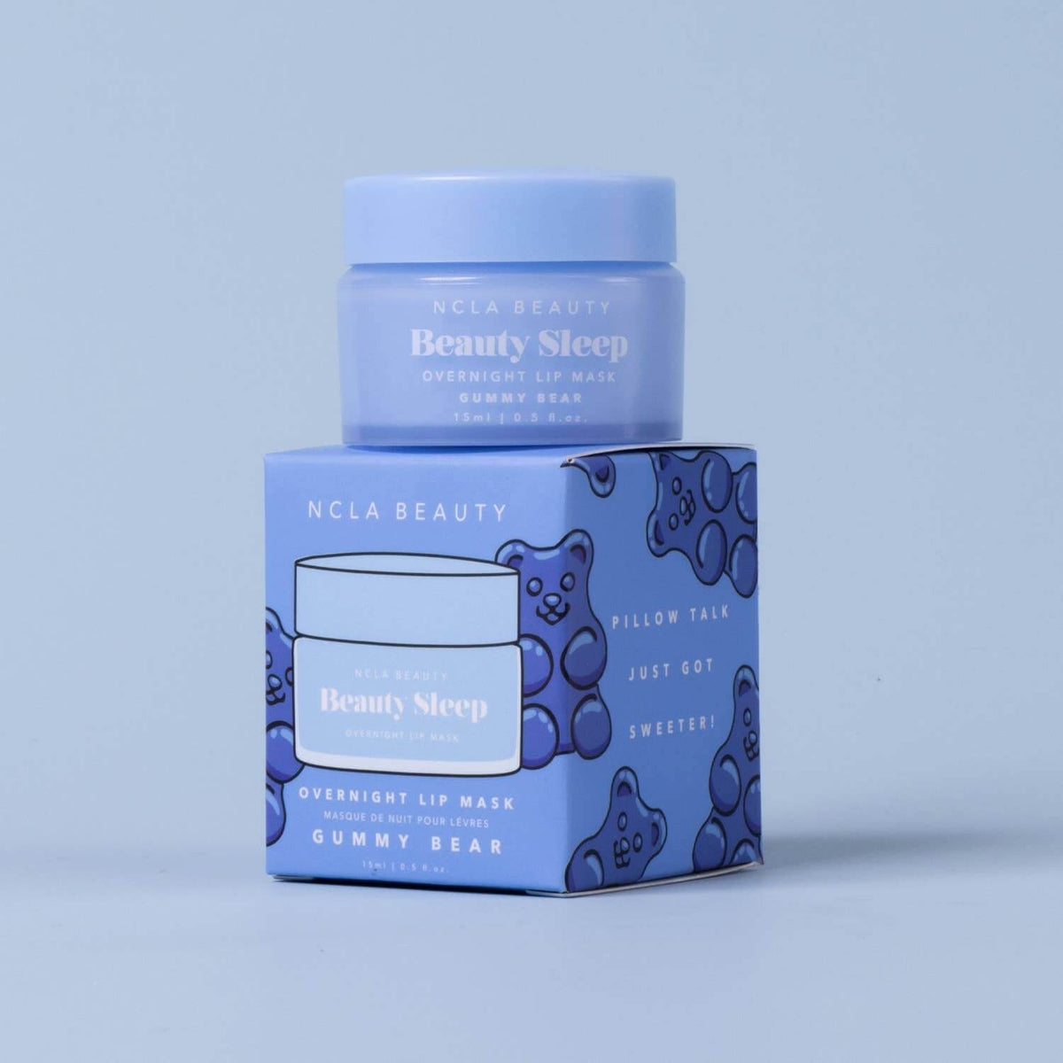 NCLA Beauty 'Beauty Sleep' lip mask jar and packaging on a light blue background