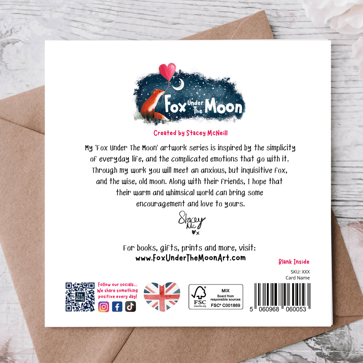 Back of the Congratulations & Encouragement Card by Fox Under The Moon, featuring creative artwork and artist's description.