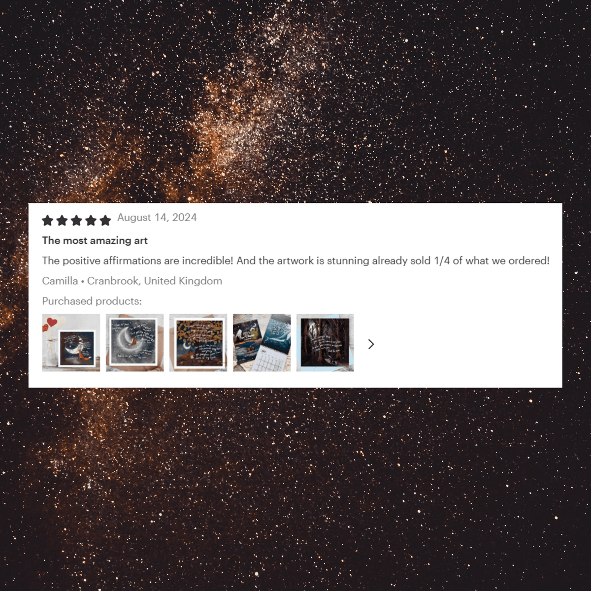 Customer review highlighting the incredible artwork and positive affirmations of the Congratulations & Encouragement Card.