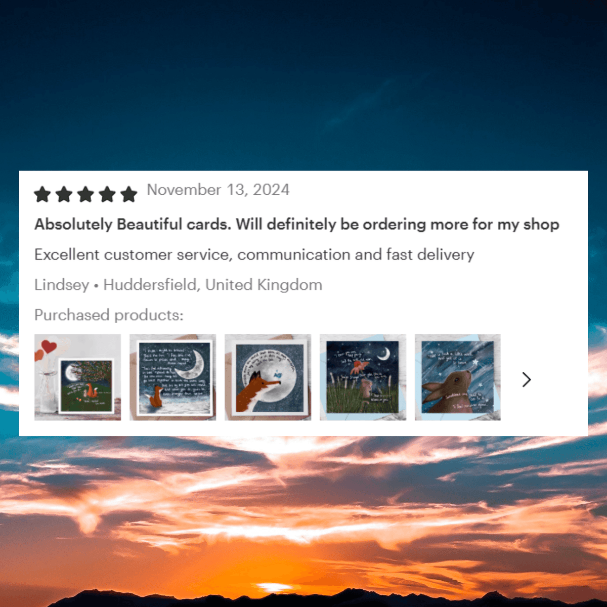 Customer review for Congratulations & Encouragement Card by Fox Under with positive feedback and rating.