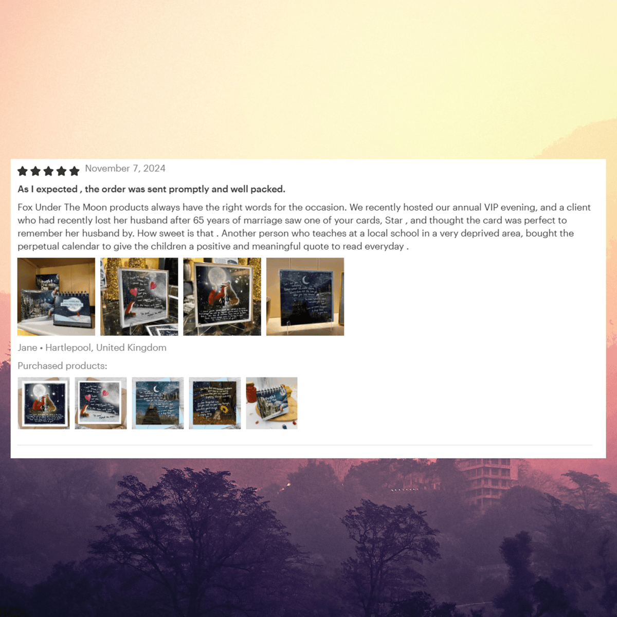 Customer review of Congratulations & Encouragement Card by Fox Under highlighting prompt delivery and thoughtful design.