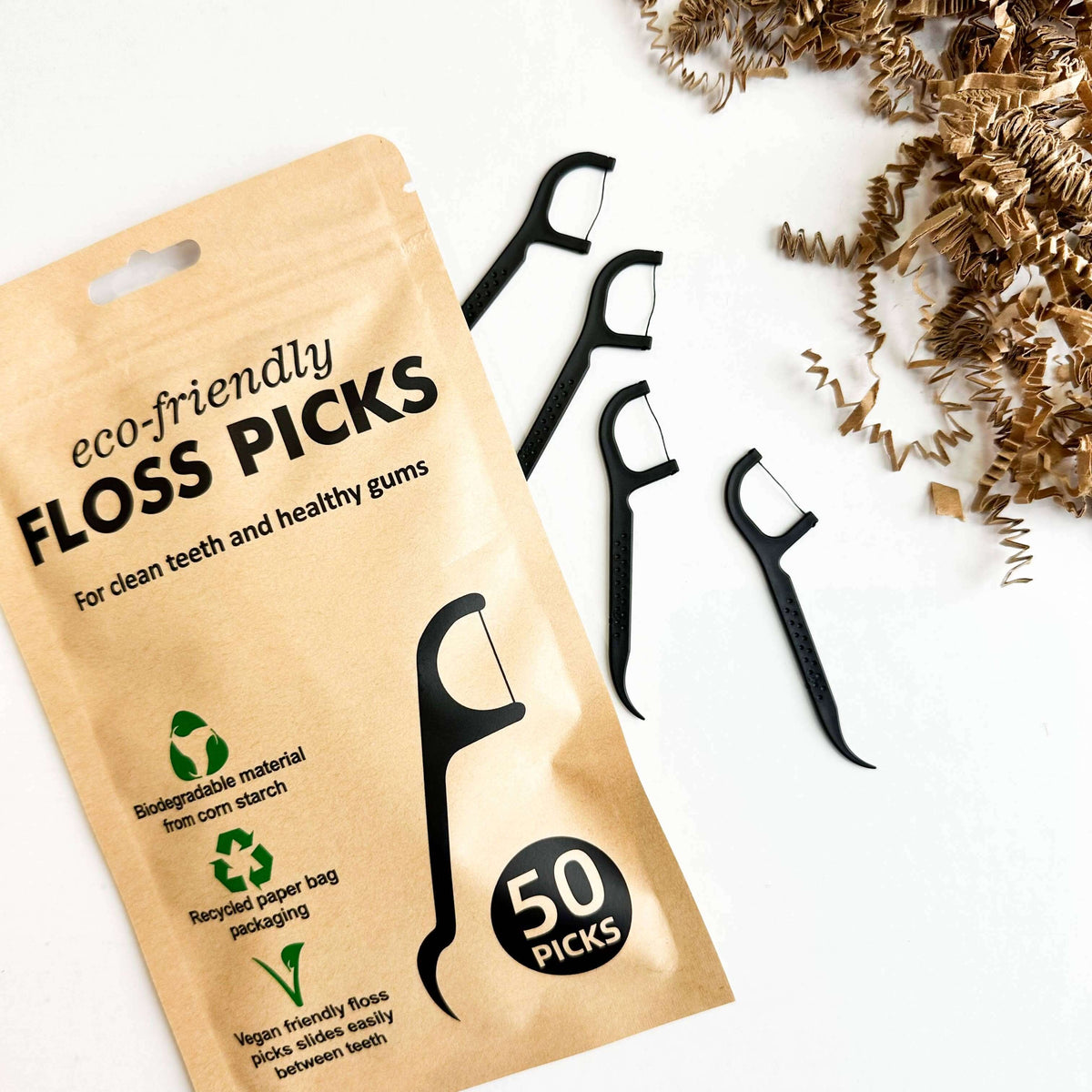 Eco-friendly Floss Picks package with biodegradable floss picks for clean teeth and healthy gums.