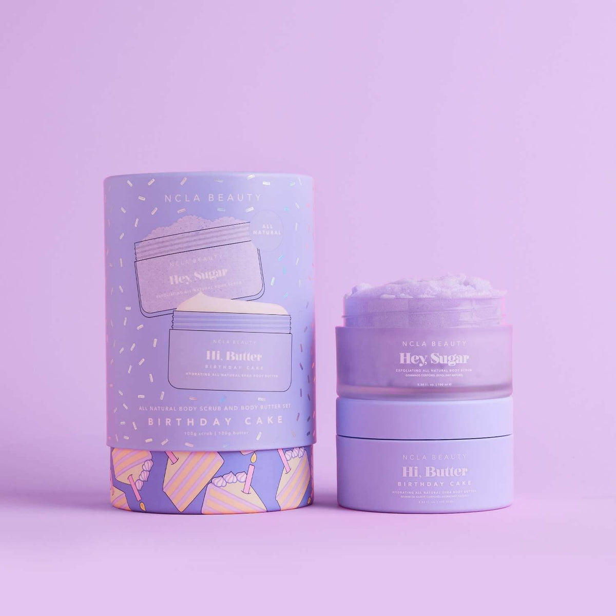 NCLA Beauty 'Hi, Butter' skincare set on a purple background