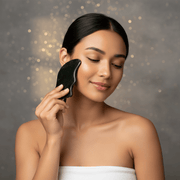 Woman using a black facial brush on her face against a dark background with gold accents