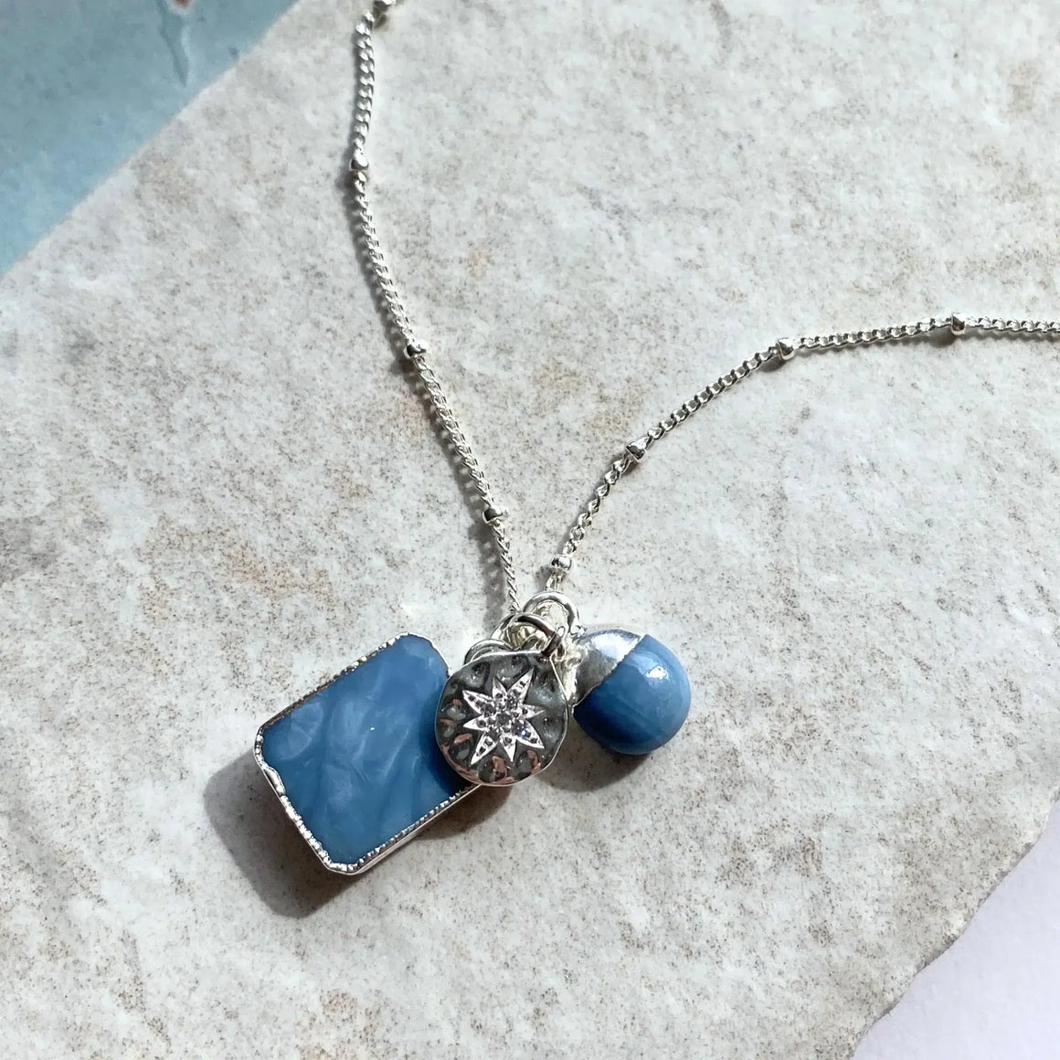Blue Opal Gem Slice Triple Necklace - Purity (Silver)