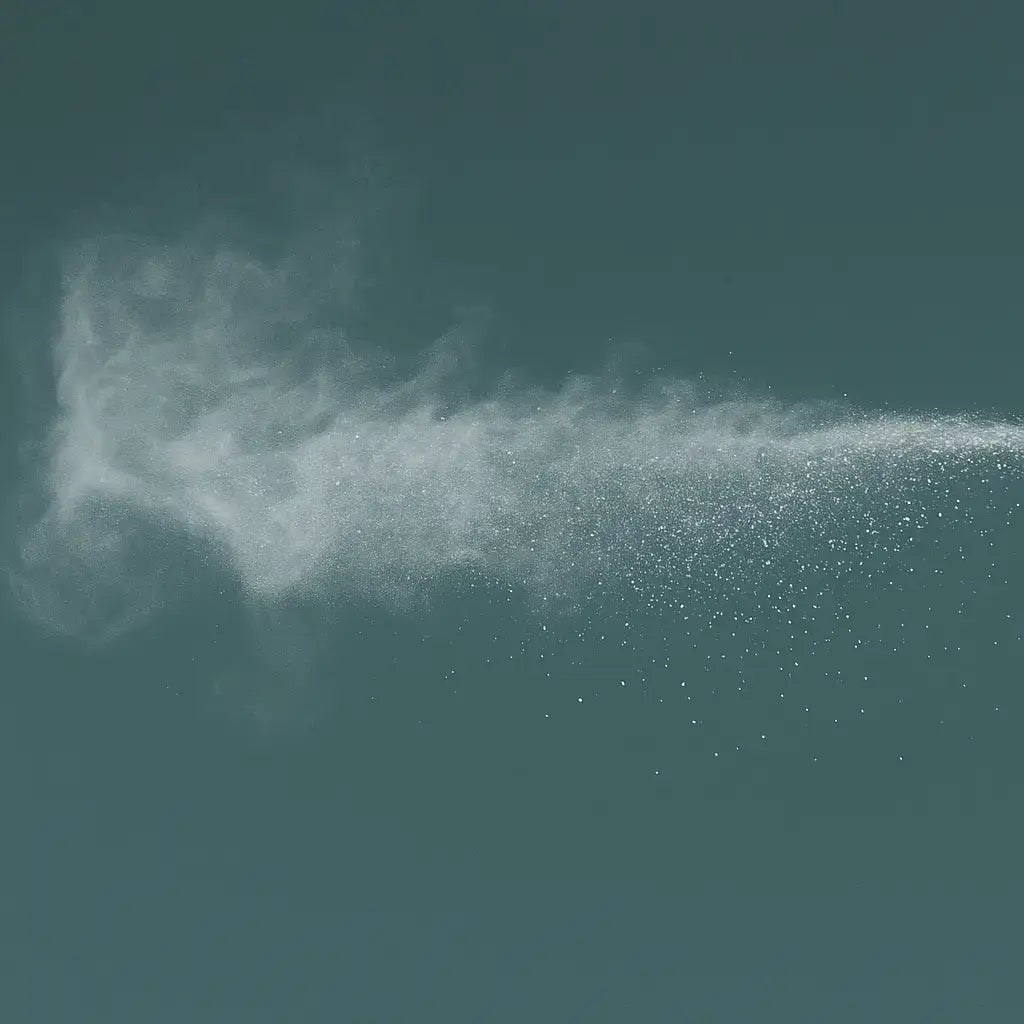 White powder cloud on a dark green background