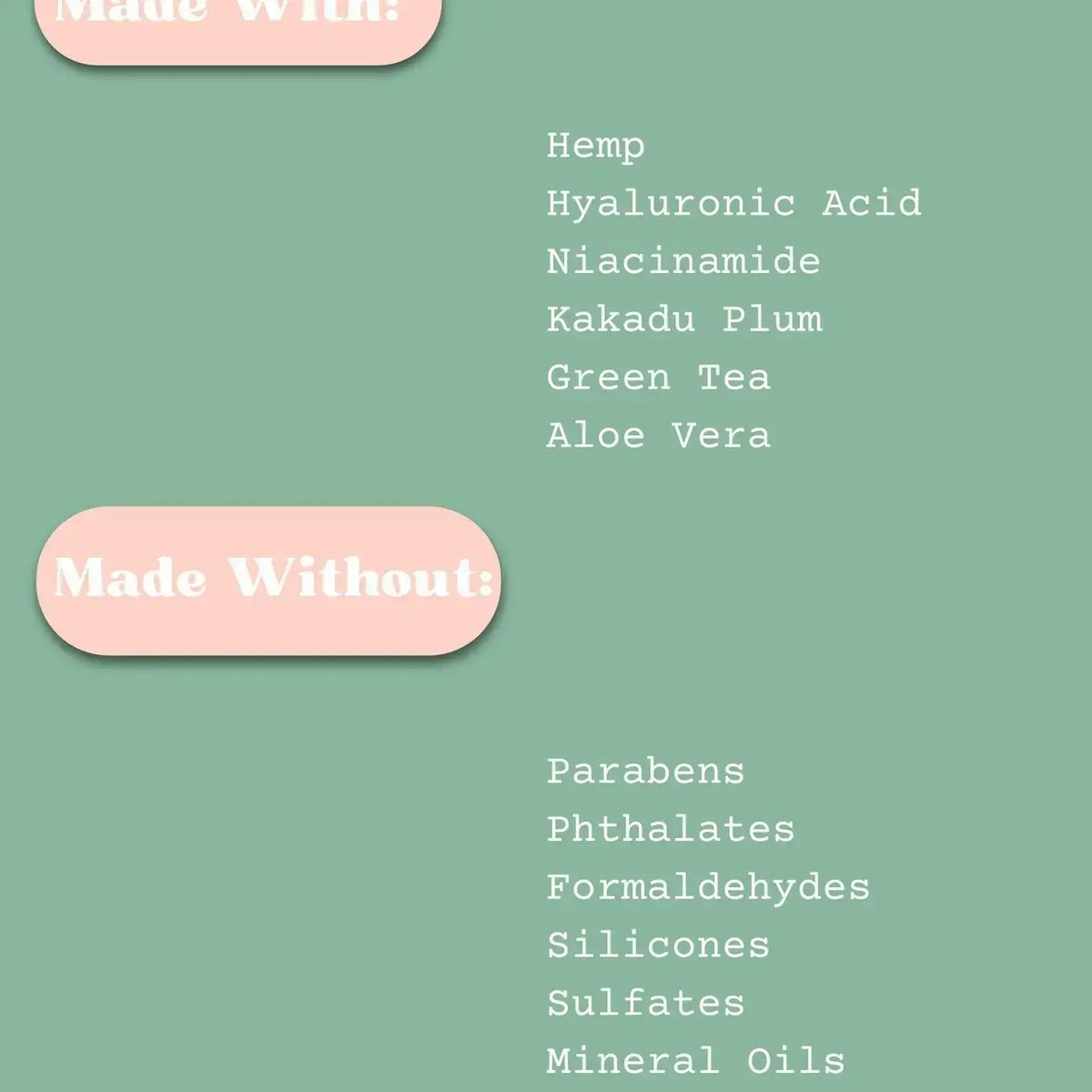 List of ingredients and their absence on a green background