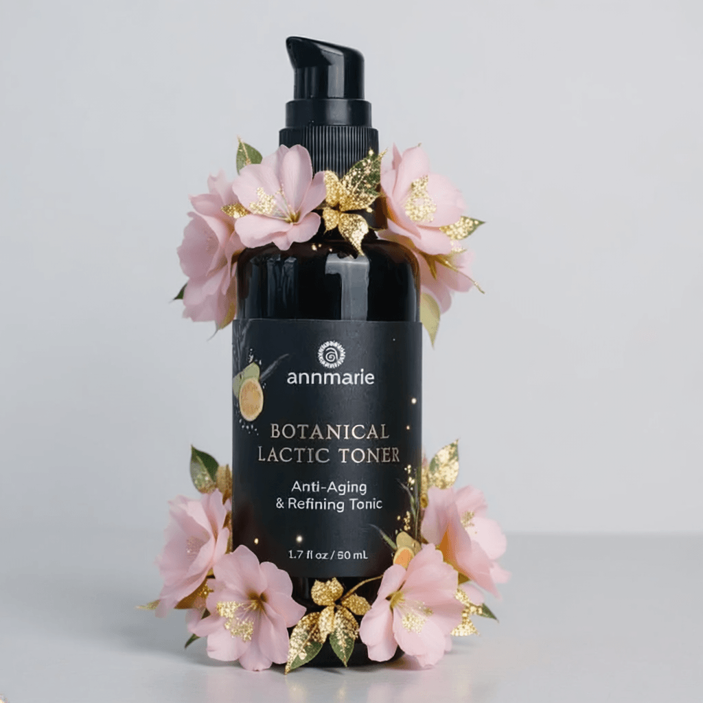 Black bottle of annmarie Botanical Lactic Toner with pink flowers on a light gray background