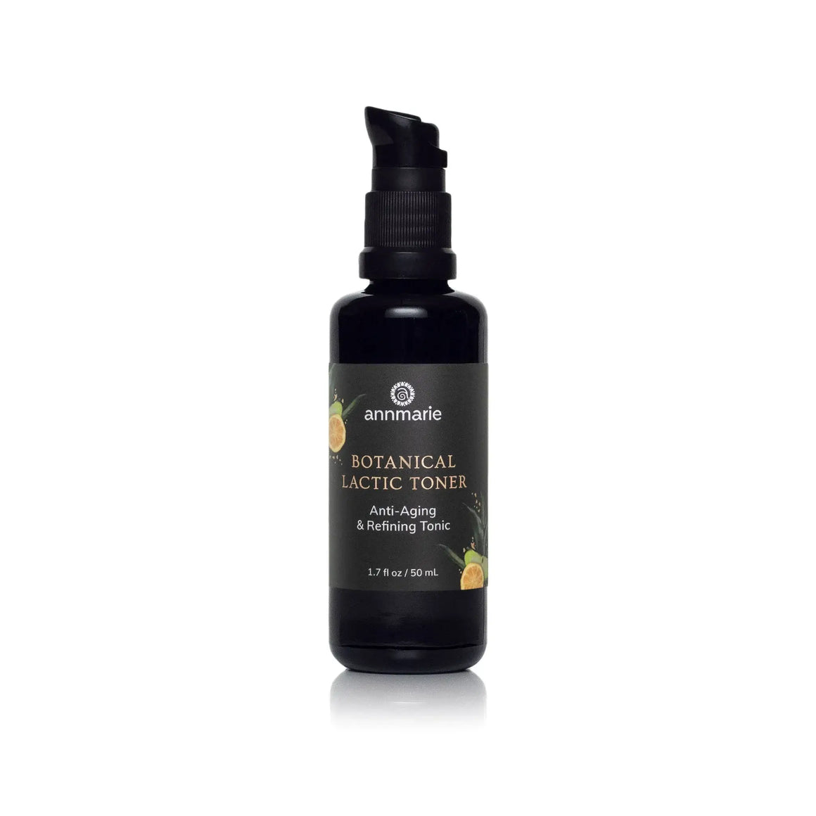 Black bottle of Botanical Lactic Toner by Annmarie on a white background