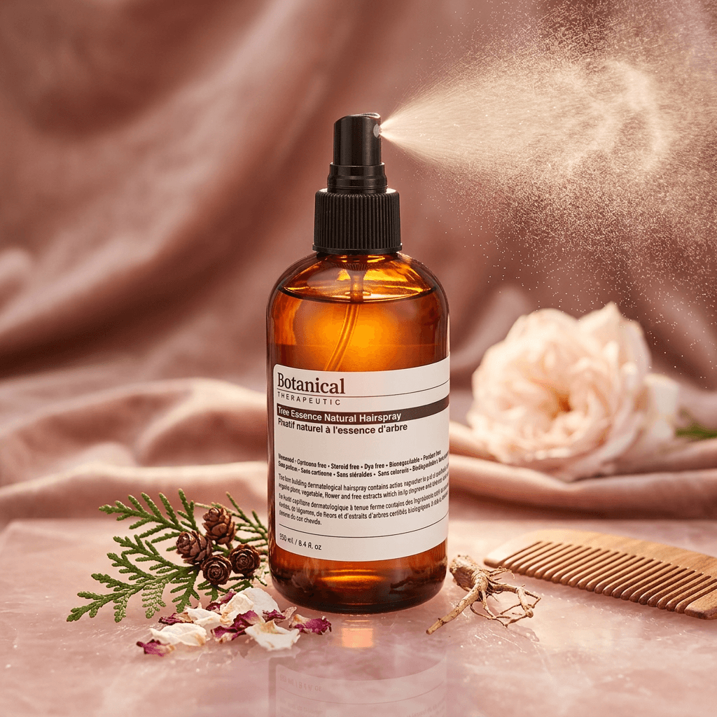 Botanical Therapeutics hairspray  bottle with a label on a pink fabric background with flowers and a comb.