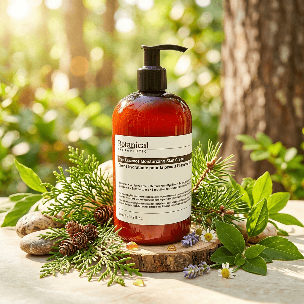Bottle of Botanicals skincare cream on a wooden log with natural elements in the background