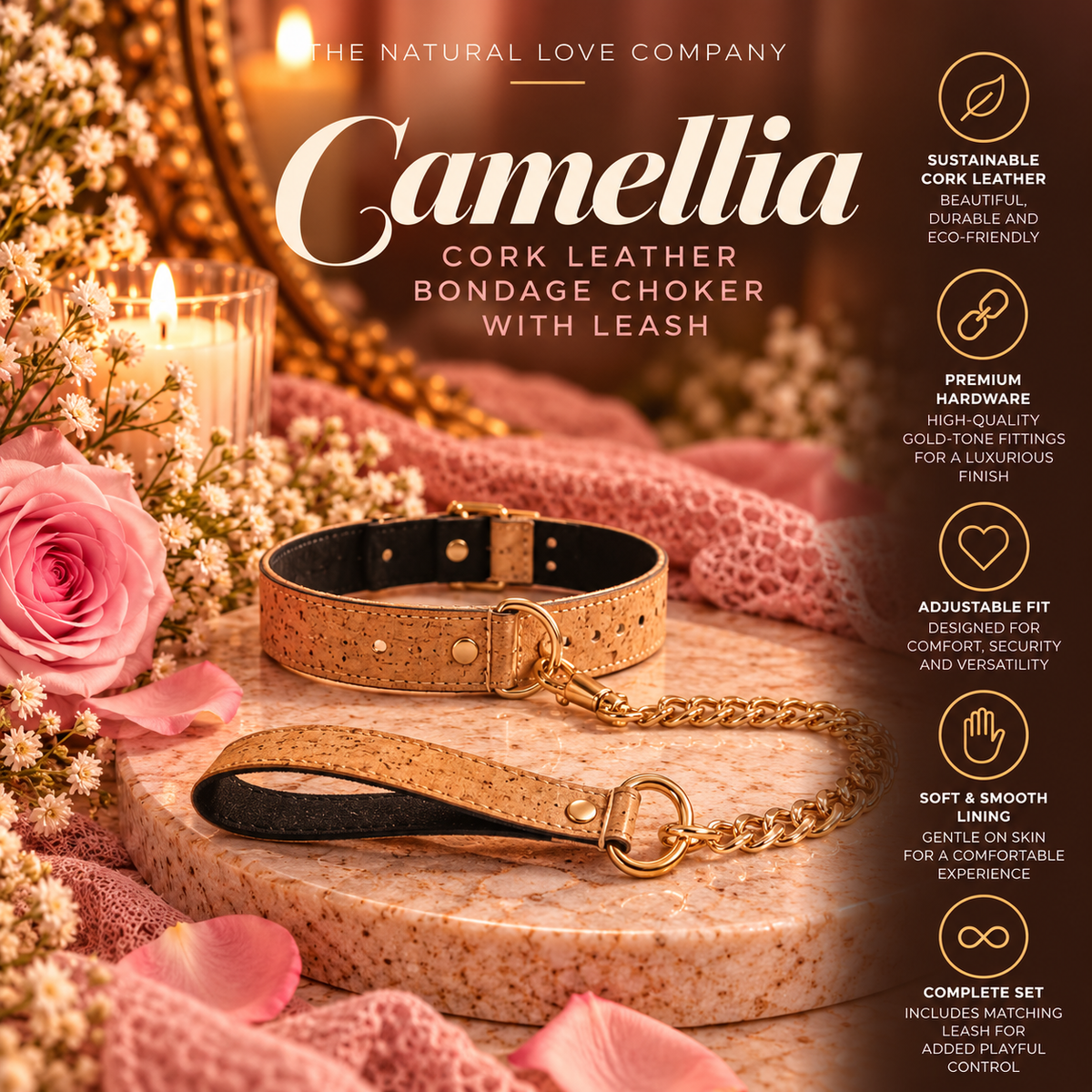Camellia ~ Cork Leather Bondage Choker with Leash