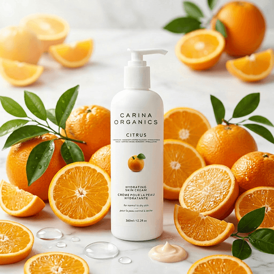 Carina Organics Citrus skincare product surrounded by oranges on a light background