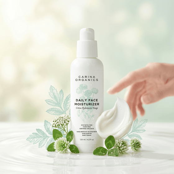 Carina Organics Daily Face Moisturizer bottle with a hand reaching out, surrounded by greenery on a light background.