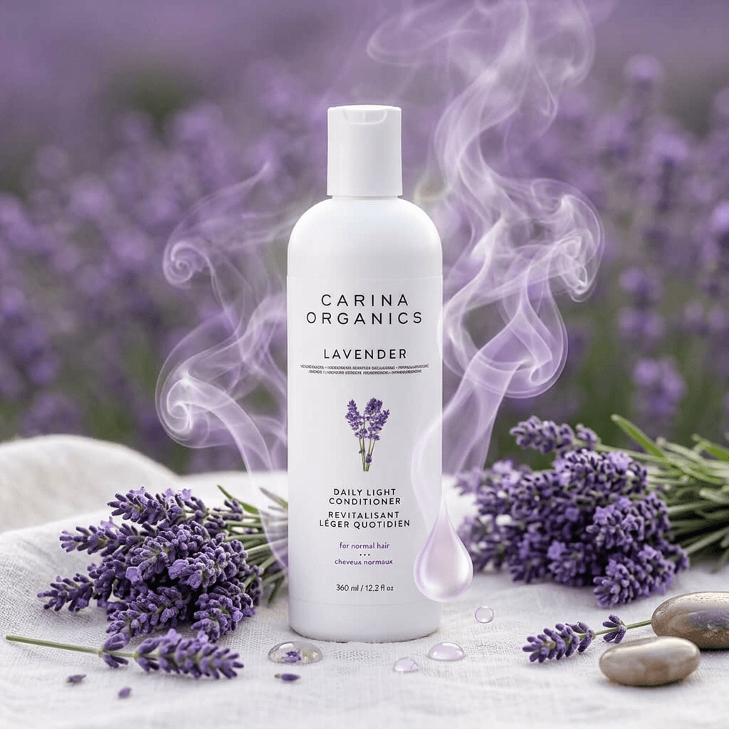 Carina Organics Lavender bottle with lavender flowers and steam in the background