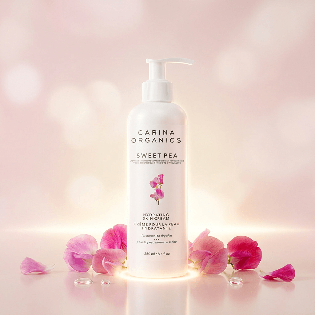 Carina Organics Sweet Pea hydrating body cream with pink flower petals on a soft pink background