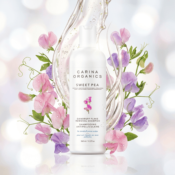 Carina Organics Sweet Pea shampoo bottle with floral design on a light background