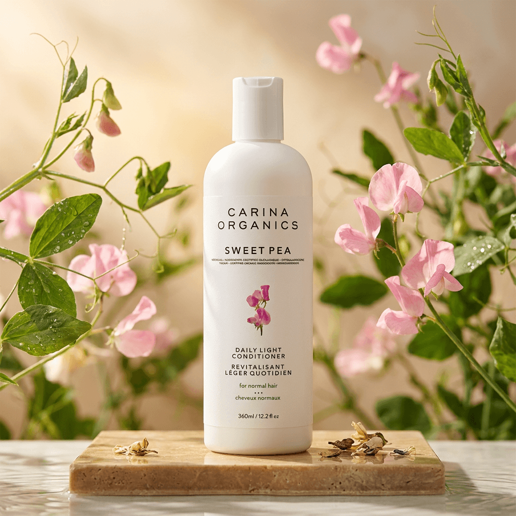 Carina Organics Sweet Pea skincare product on a wooden board with flowers in the background