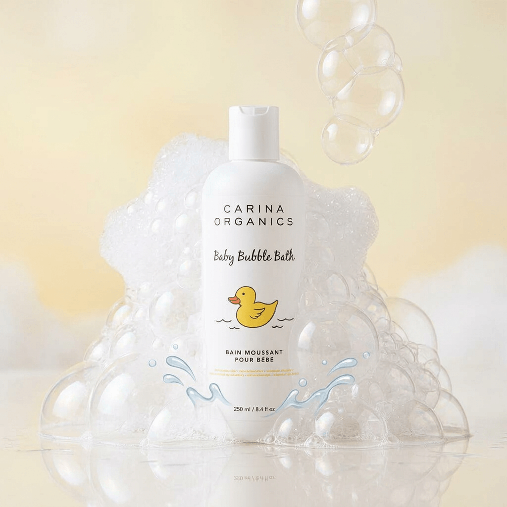 Carina Organics baby bubble bath bottle with bubbles on a light yellow background