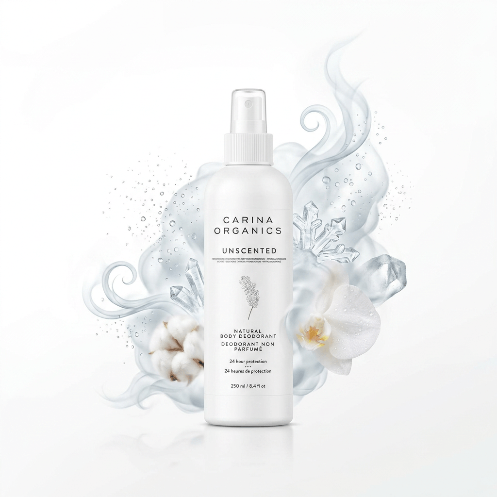 Carina Organics natural body deodorant spray bottle with floral and cotton elements on a white background