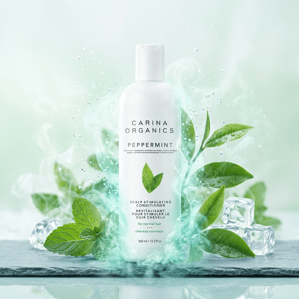 Carina Organics peppermint shampoo bottle with green leaves and ice cubes on a light green background