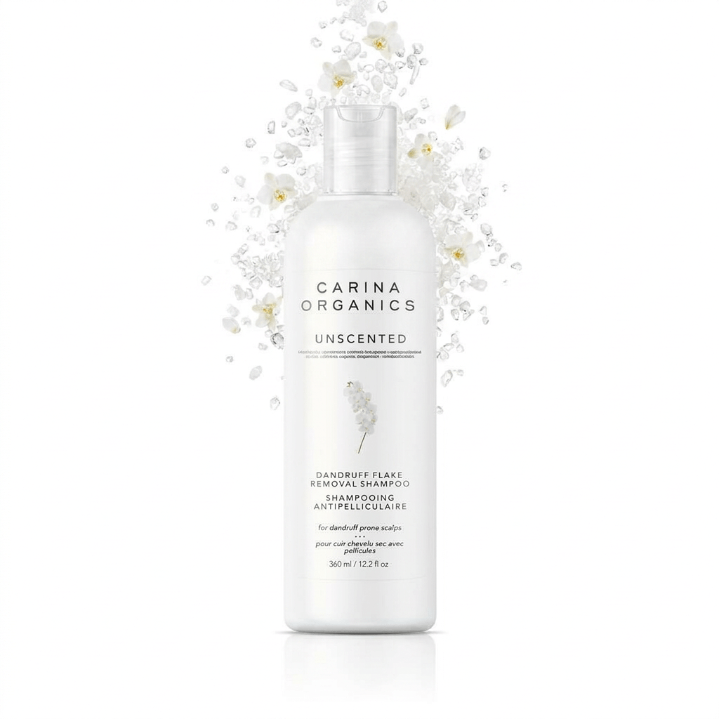 Carina Organics shampoo bottle with floral elements on a white background