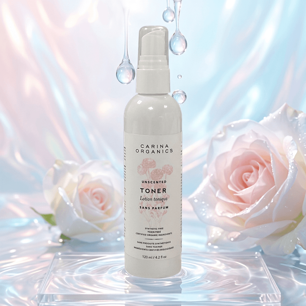 Carina Organics toner bottle with roses in the background