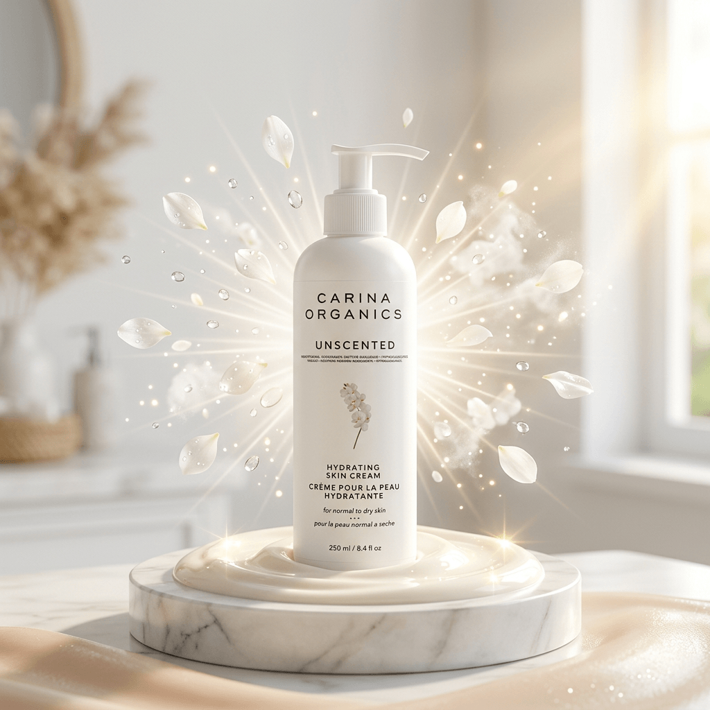 Carina Organics unscented product on a marble surface with decorative elements