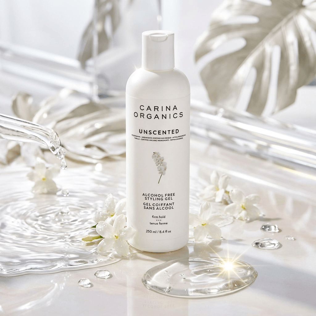 Carina Organics unscented styling gel bottle on a decorative background with flowers and water.