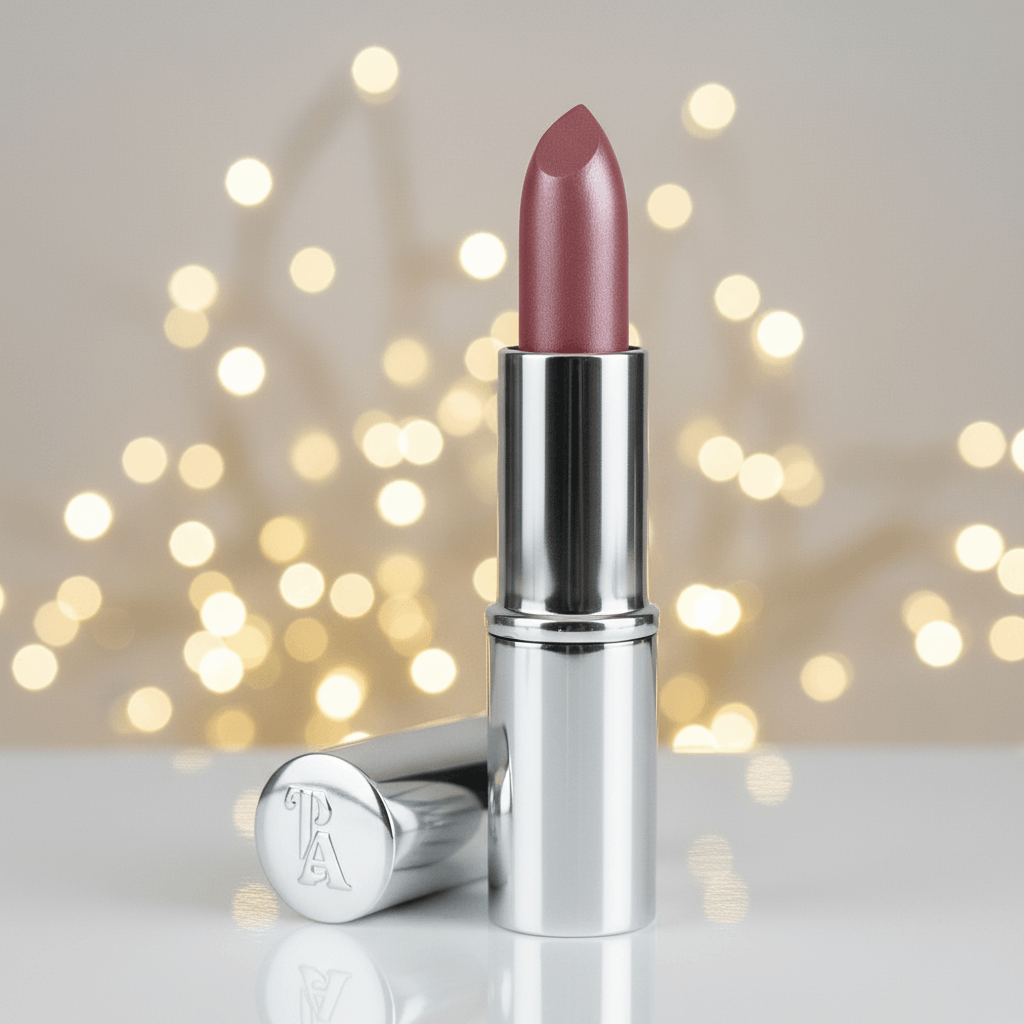 Lipstick with silver casing on a reflective surface against a blurred bokeh background