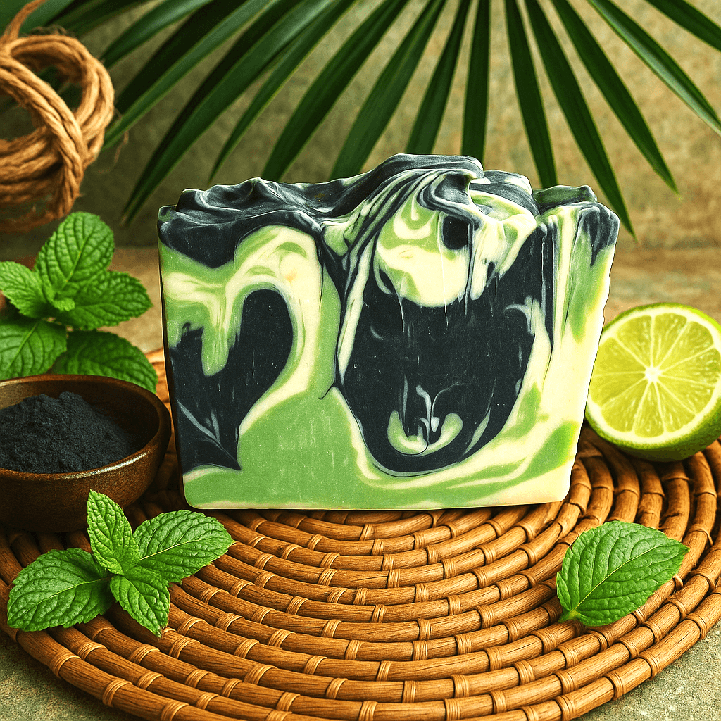 Charcoal Mint Soap Bar - Soap Boutique, handcrafted soap with marbled black and green design, surrounded by mint leaves and lime.