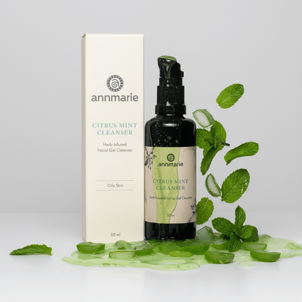 Annmarie Citrus Mint Cleanser bottle and packaging with mint leaves on a light gray background