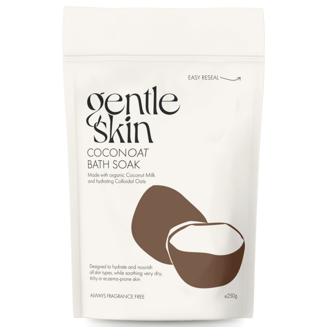 Coconoat Bath Soak for sensitive skin in a resealable package, featuring coconut milk and colloidal oats.