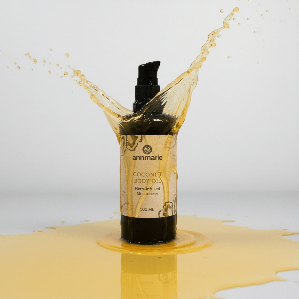Coconut body oil bottle with a splash of oil against a light gray background