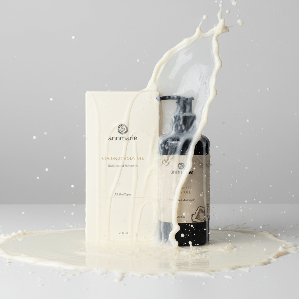 Bottle of organic coconut oil with a white cloth draped over it on a light gray background