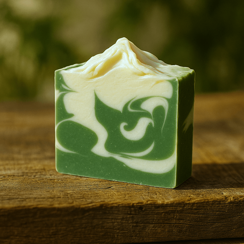 Coconut Lime Bar Soap showcasing vibrant green swirls on a rustic wooden surface, perfect for refreshing daily routines.