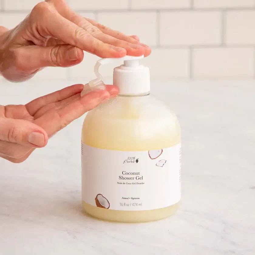 Coconut Shower Gel bottle with pump, showcasing nourishing Shower Gel for hydration and cleansing, 16oz size.
