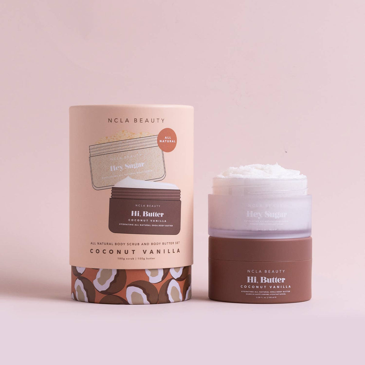 NCLA Beauty Hi. Butter Coconut Vanilla product with packaging on a pink background