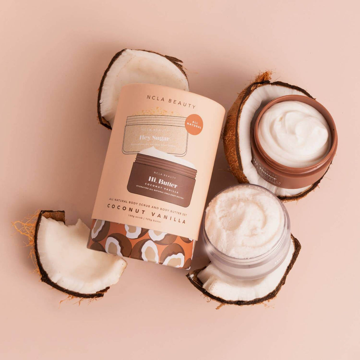 Coconut butter product with packaging on a pink background