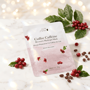Coffee Caffeine Recovery Hydrogel Mask packaging with coffee beans and berries on a soft background