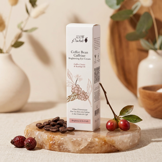 Coffee bean caffeine eye cream packaging on a marble slab with coffee beans and cherries.