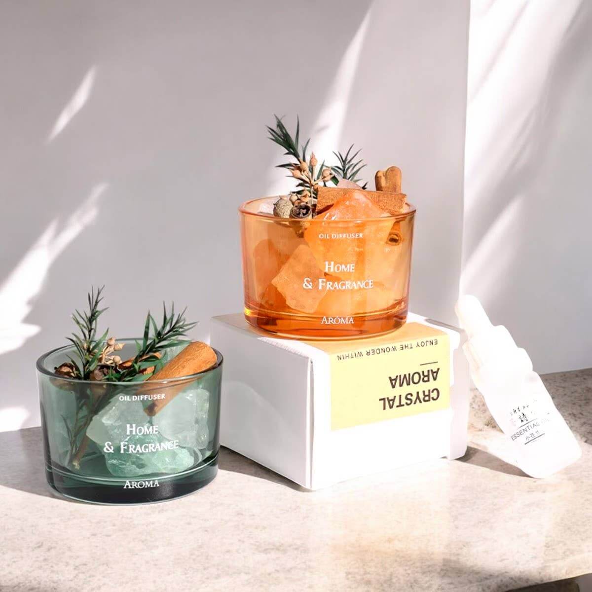 Crystal Aroma Home Scent Stone Diffuser with decorative oil diffusers and natural elements.