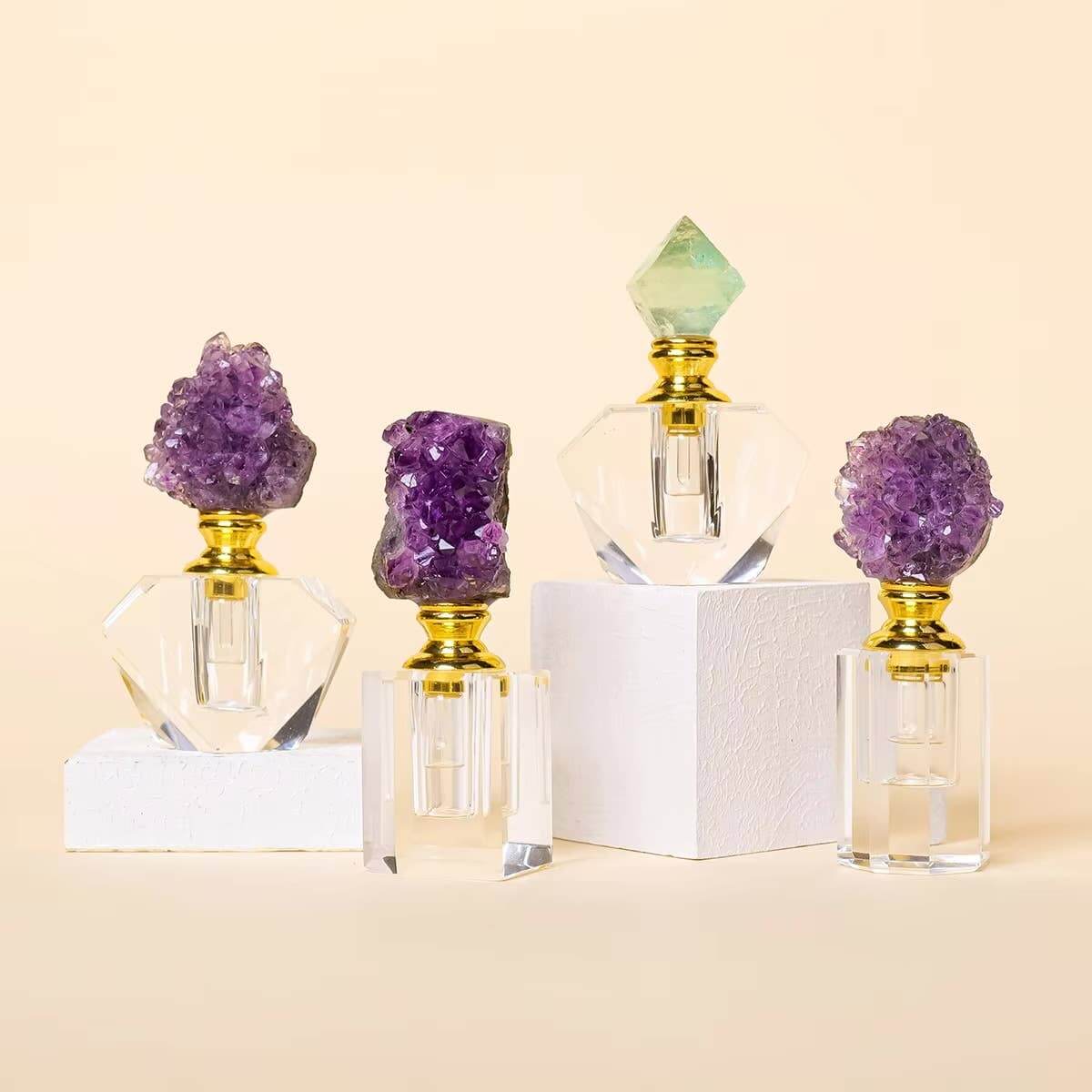 Crystal Gem Stone Essential Oil Bottle collection featuring unique natural gemstone caps.
