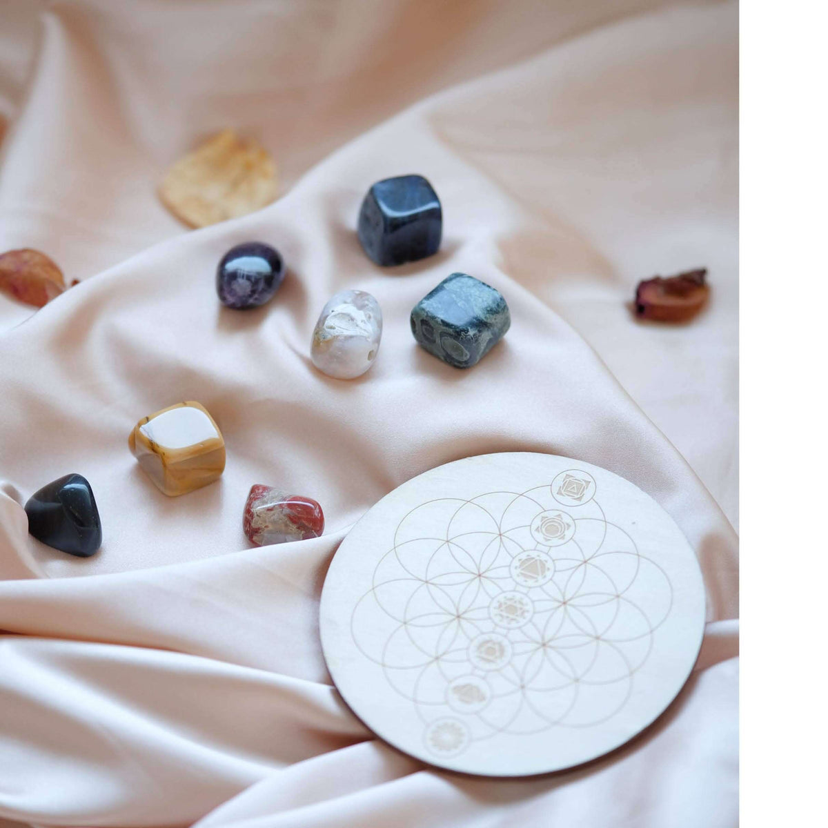 Page from a book on chakras and meridians with crystals and a stone disc.
