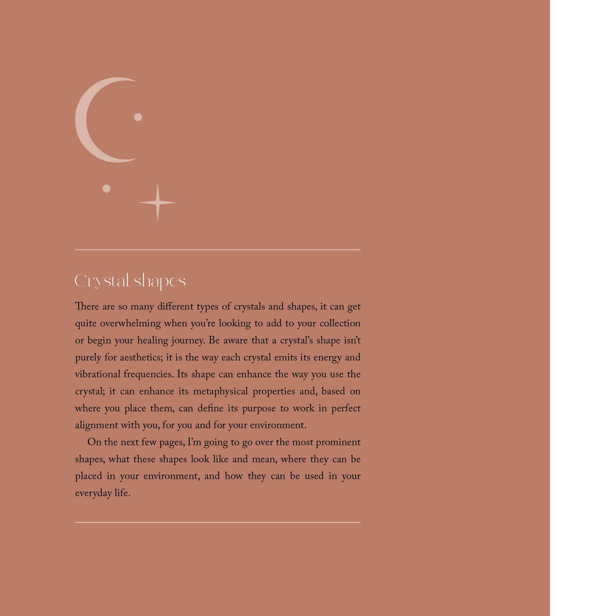 Page from a book or magazine with text and an image of crystals on a pink background.
