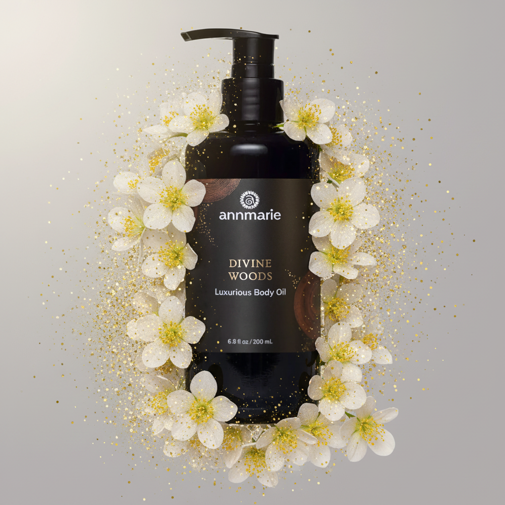 Black bottle of 'Divine Woods' luxurious body oil surrounded by white flowers on a gray background