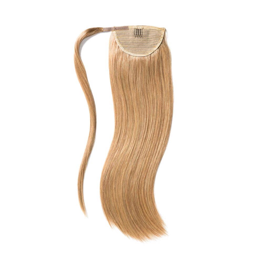 Darkest blonde ponytail hair extension showcasing silky straight length and wrap-around design for instant hair transformation.