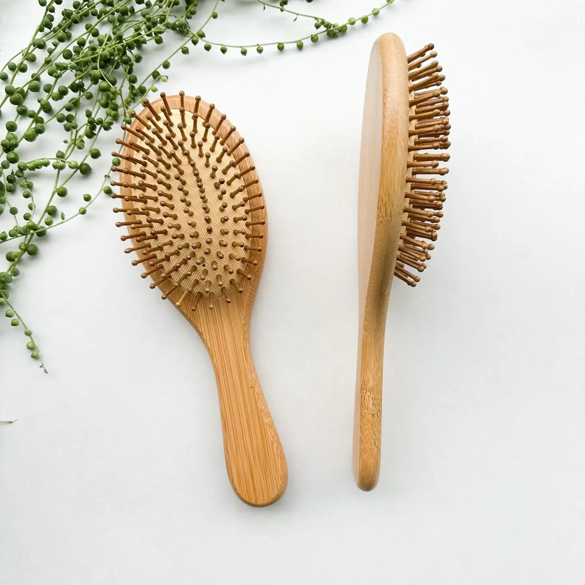 Two wooden hairbrushes on a light background with greenery.