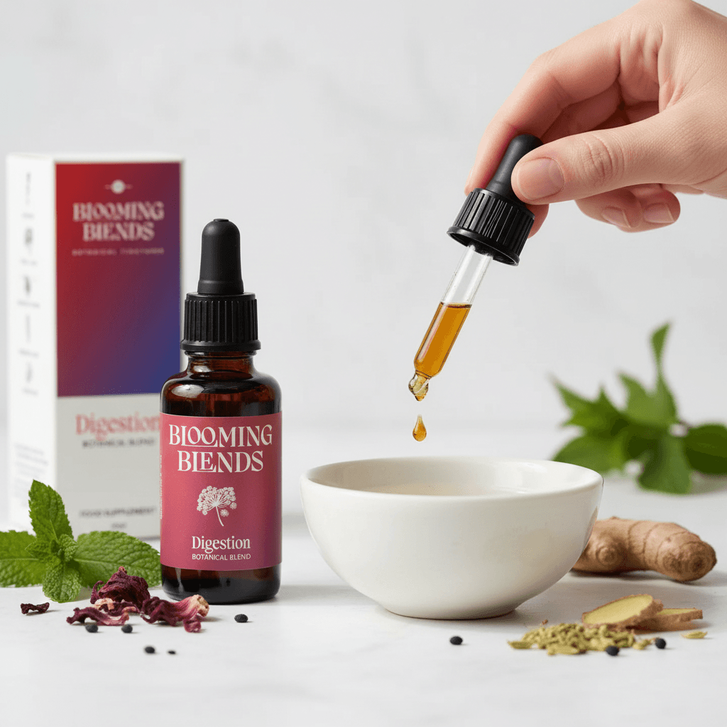 Hand using a dropper to extract liquid from a 'Blooming Blends' bottle, with a bowl and ingredients on a light background.